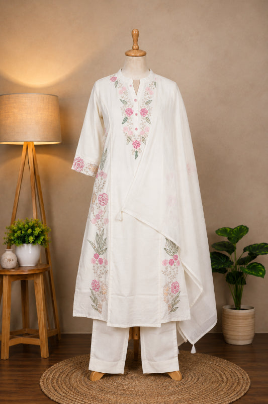 White Floral Embroidered Suit Set
