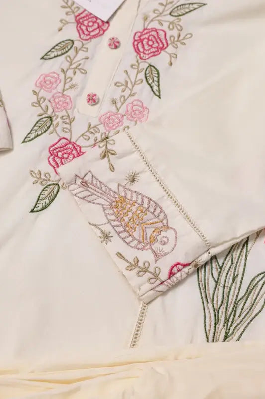 Off-White Floral Embroidered 3-Piece Kurta Pant Set