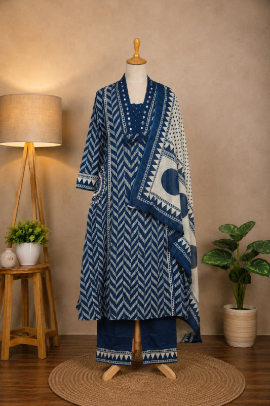 Navy Blue Printed Suit Set