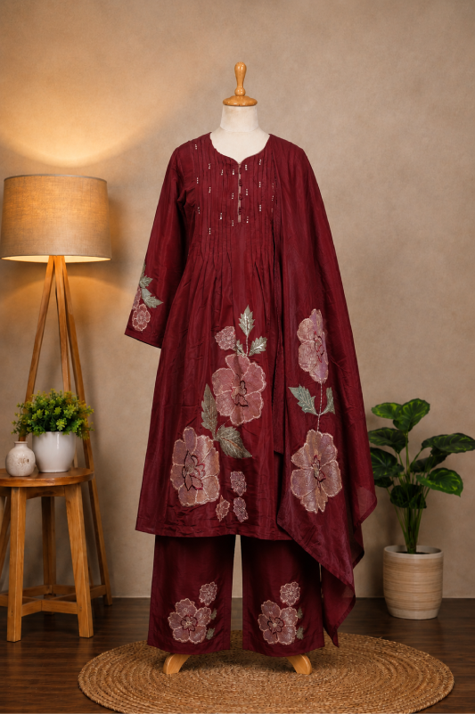 Maroon Floral Embroidered Suit Set