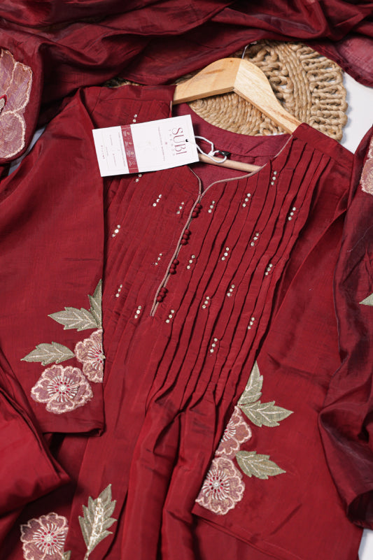 Maroon Floral Embroidered Suit Set