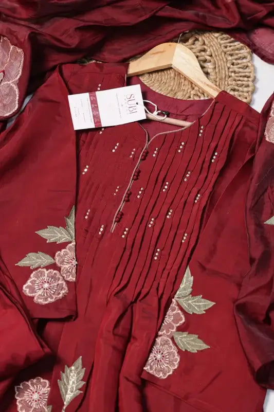 Dark Maroon Mul Chanderi Anarkali 3-Piece Suit Set
