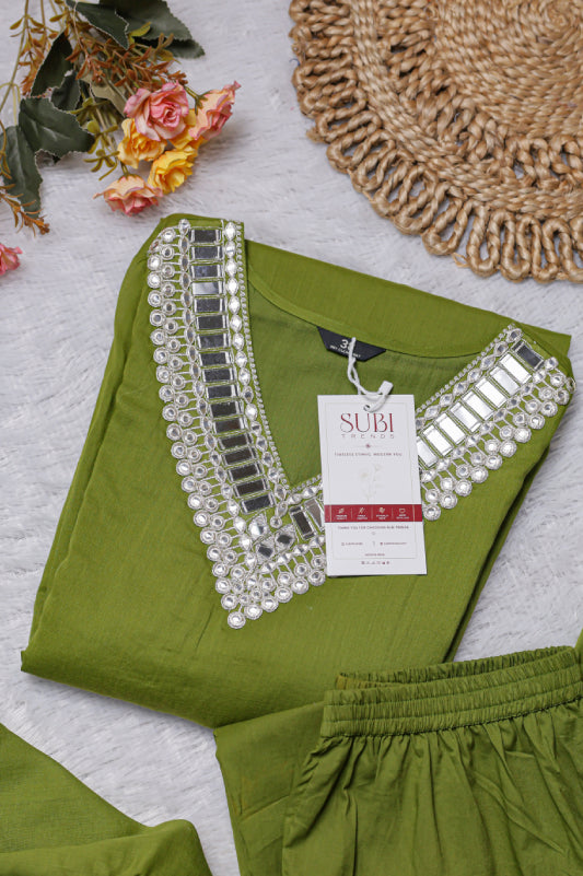 Olive Green Embellished Kurta Set