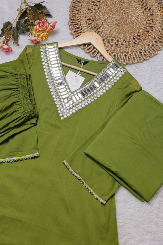 Olive Green Embellished Kurta Set