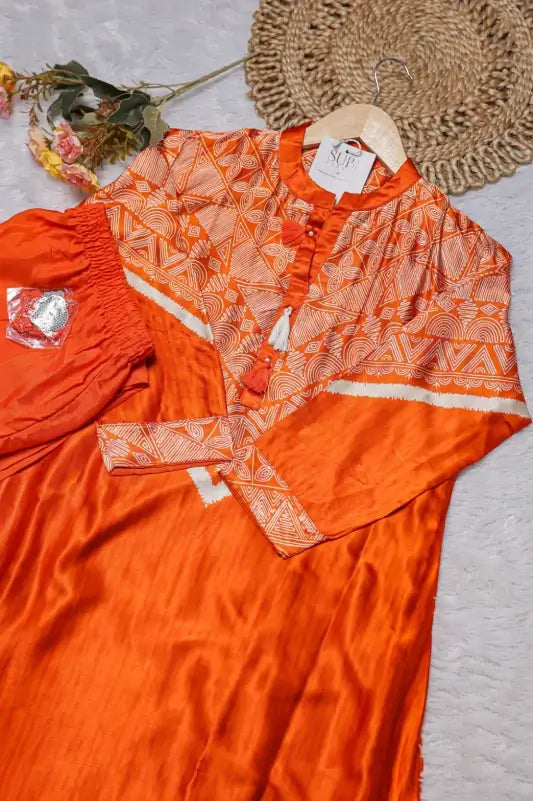 Bright Orange Geometric Printed Kurta and Pant Set