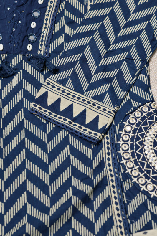 Navy Blue Printed Suit Set
