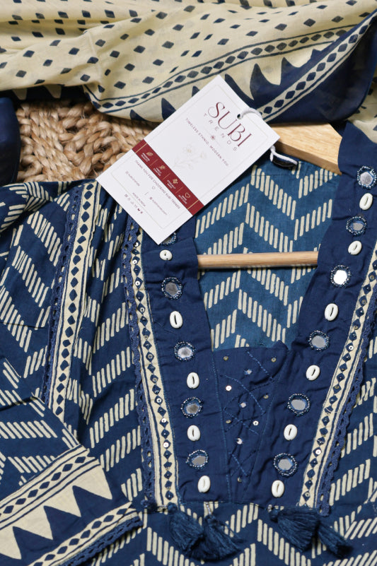 Navy Blue Printed Suit Set