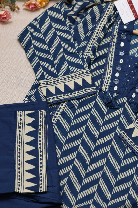 Navy Blue Printed Suit Set
