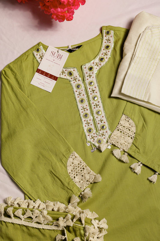 Olive Green Suit With White Embroidered Panel