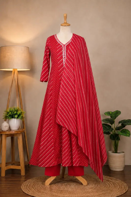Red Leheriya Printed Kurta Set