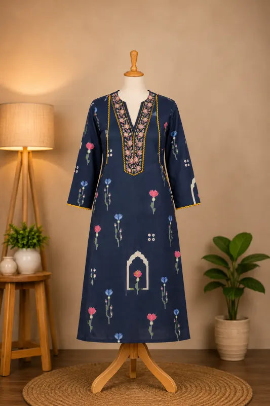 Navy Blue Floral Printed Kurta Set