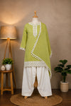 Olive Green Suit With White Embroidered Panel