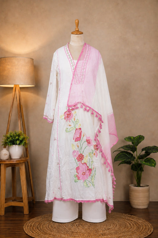 White & Pink Embroidered Kurta Set