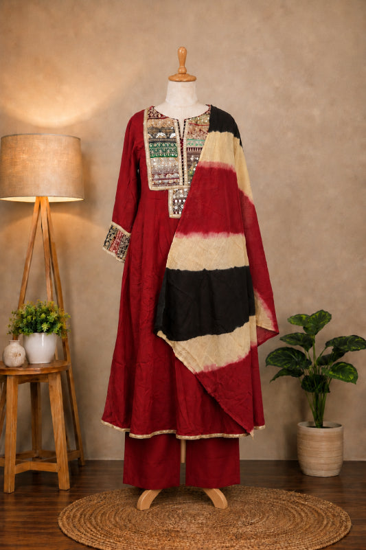 Red Kurta Set for Women with Multicolor Dupatta