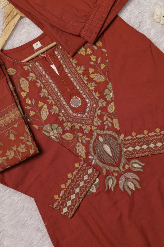 Maroon Floral Embroidered Suit Set
