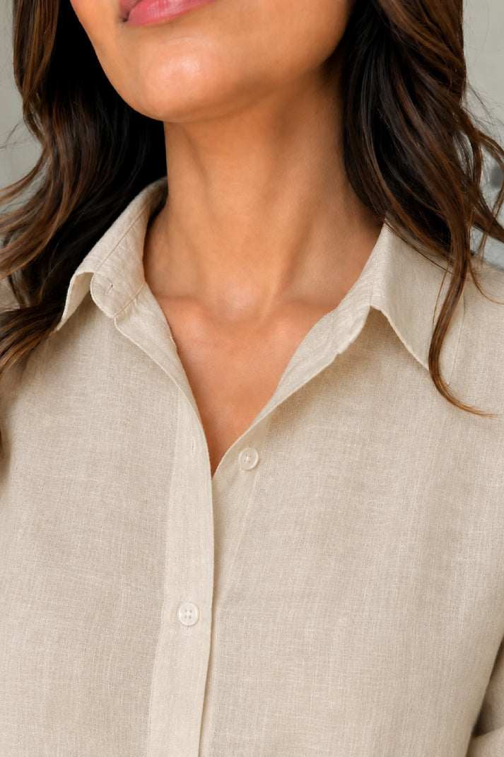 Beige Linen Co-Ord Set for Women | Relaxed Fit Shirt & Wide Leg Pants