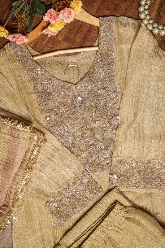 Beige Embroidered Suit Set for Women