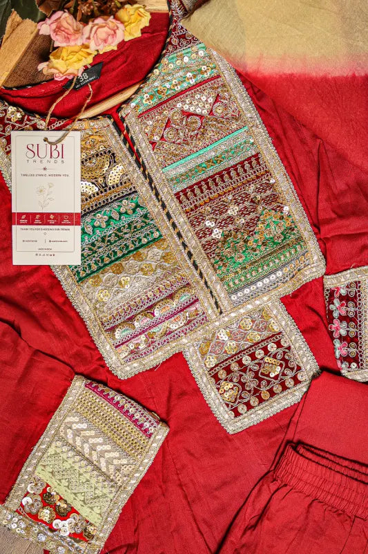 Red Kurta Set for Women with Multicolor Dupatta