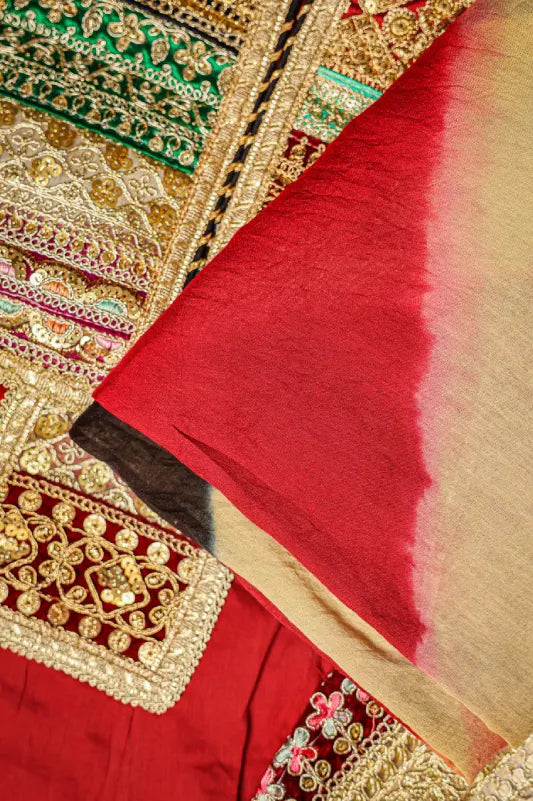 Red Kurta Set for Women with Multicolor Dupatta